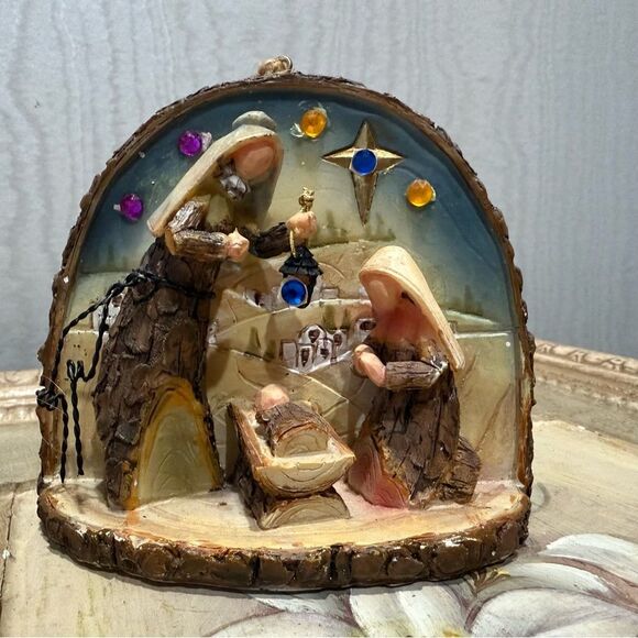 Vintage Kurt Adler Nativity Scene Ornament Faux Wood Bark 3D Tag Attached - Picture 3 of 13